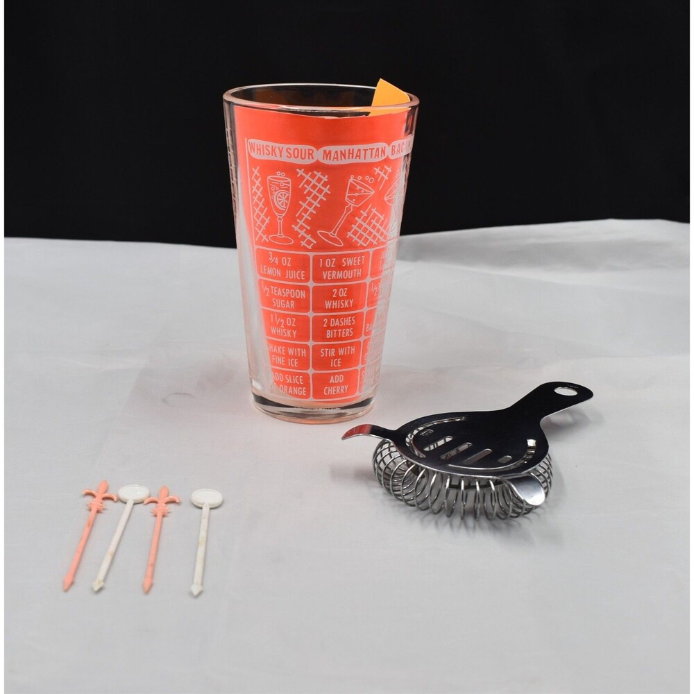 Federal Glass Cocktail Shaker Recipe Glass Bartender & Strainer No Lid Y2K